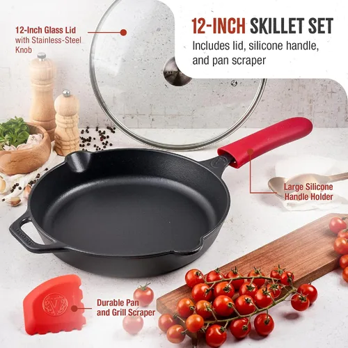 Vista 11 de Victoria - Set de sartén de hierro fundido de 12 pulgadas con tapa de vidrio templado, cubierta de mango grande y raspador de sartén