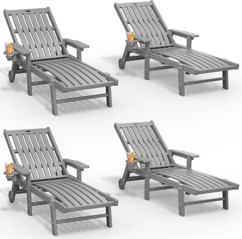 Vista 15 de THOEOE Juego de 2 tumbonas para exteriores, silla de piscina HDPE, madera