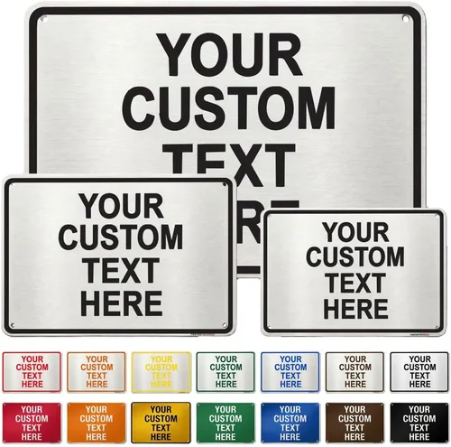 Vista 10 de Letrero de metal resistente a la intemperie de aluminio, varios tamaños, texto personalizado aquí, blanco y negro, regulación de tráfico, letreros
