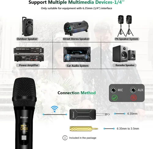 Vista 6 de Bietrun - Micrófono inalámbrico, micrófono dinámico con receptor recargable, conexión automática, diseño de todo metal, rango de 160 pies, micrófono
