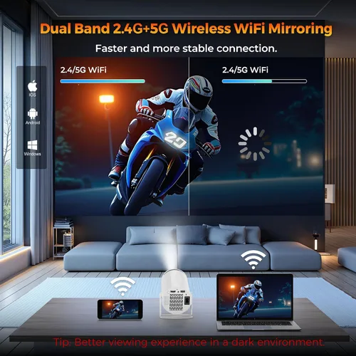 Vista 4 de Mini Proyector con WiFi y Bluetooth, Proyector de Película Portátil Soporte 4K, Auto Keystone, Rotación de 210°, Pantalla de 130'' Proyector
