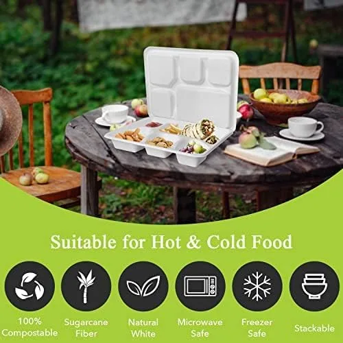 Vista 4 de three leaf Bandeja de Bagazo de 6 Compartimentos Resistente - Súper Fuerte - Natural - Ecológica Platos Desechables de Bagazo, 100% Biodegradables