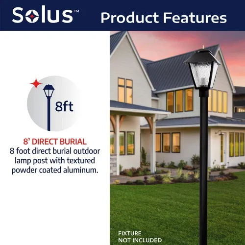 Vista 3 de Solus SP8-NCA-BK - Poste de lámpara de aluminio de entierro directo de 8 pies para exteriores, se adapta a la mayoría de los accesorios estándar