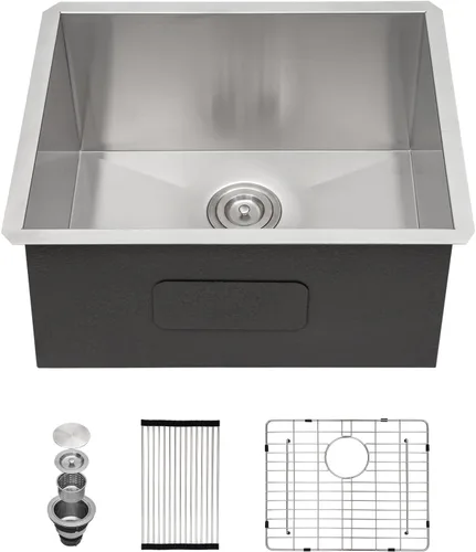 Vista 18 de Sarlai Gold Fregadero de Cocina Empotrado - Fregadero de Cocina de 28 Pulgadas Empotrado de Acero Inoxidable Dorado Tazón Individual de 28" x 19