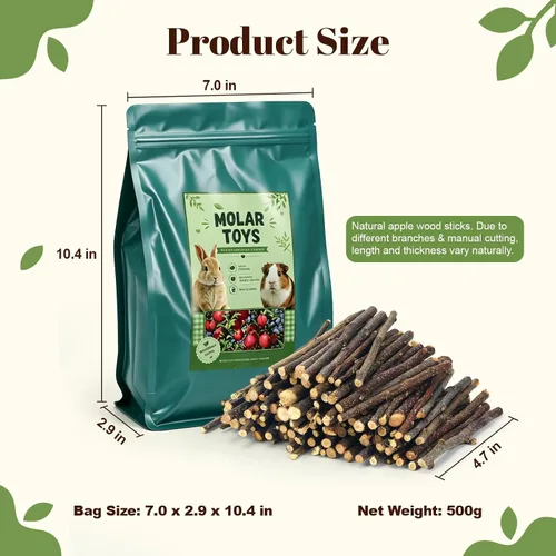 Vista 2 de Palitos de manzana naturales de 17.64 oz para animales pequeños, juguete molar masticable para rechinar dientes para conejos, cobayas, chinchillas