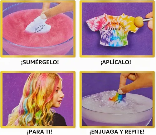 Vista 5 de Rainbow High Muñeca de moda DIY para crear con acuarelas y crear con kit de tie-dye lavable, ojos verdes, cabello largo y liso, top y zapatos