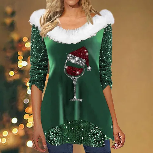 Vista 2 de Women's Patchwork Buttons Solid Color Casual Christmas Atmosphere Autumn and Winter Long Sleeved V Top for Women