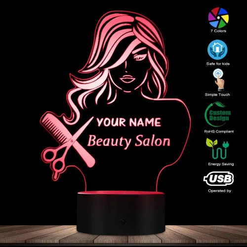 Vista 3 de The Geeky Days Salón de belleza 3D LED noche luz peluquería peluquería tijeras peine mesa escritorio lámpara nombre personalizado diseño moderno