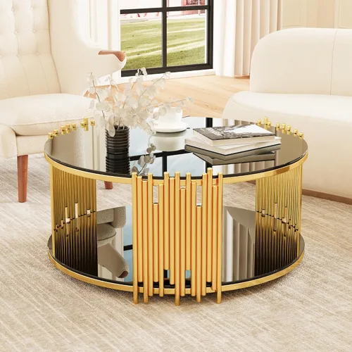 Vista 45 de KEVINSPACE Mesa auxiliar negra con borde dorado en la parte inferior, mesa de centro redonda para espacios pequeños, mesa auxiliar de madera mesita