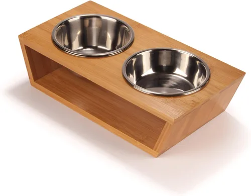 Vista 4 de BambooMN Comedero elevado para perros, soporte 100% bambú, 4 cuencos de metal para alimentos y agua, pequeño