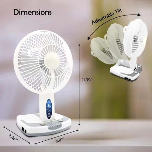 Vista 2 de Technical Pro Adventure Series - Ventilador recargable de escritorio/pared con lámpara de trabajo LED, ventilador ajustable y portátil