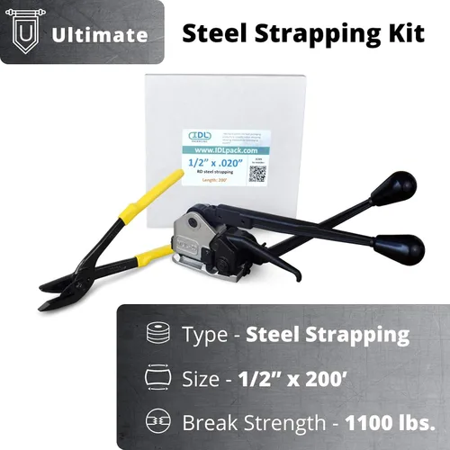Vista 2 de IDL Packaging Ultimate Kit de flejado de acero de 1/2 pulgada x 200 pies, resistencia a la rotura de 1100 libras - Herramienta de combinación 3