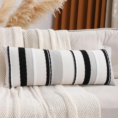 Vista 10 de Juego de 2 fundas de almohada bohemias de 18 x 18 pulgadas, color negro y crema Rayas negras