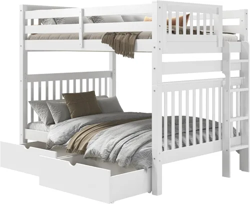 Vista 2 de Bedz King Literas de estilo misión matrimonial sobre tamaño matrimonial con escalera lateral y 2 cajones debajo de la cama, color blanco