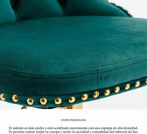 Vista 6 de SoarFlash Juego de 2 taburetes de bar de terciopelo giratorios ajustables con patas de metal chapado en oro, capitoné con botones, reposapiés