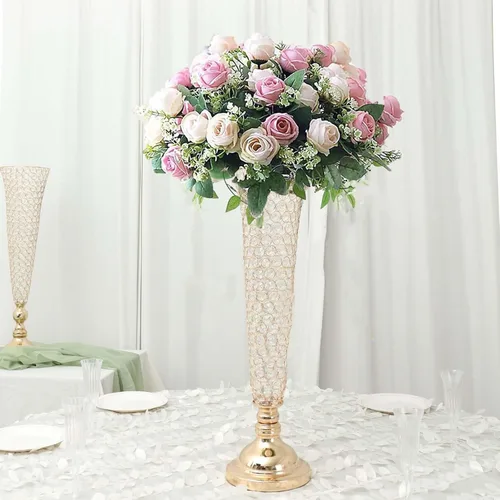 Vista 11 de Efavormart - Juego de 2 jarrones de trompeta con cuentas doradas de cristal para mesa de boda, 23 pulgadas de alto