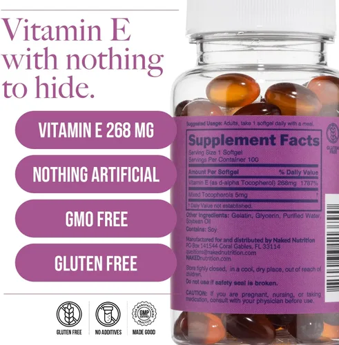 Vista 5 de Naked Vitamina E 400 UI – Suplemento natural de vitamina E con tocoferoles mixtos para apoyo antioxidante y salud de la piel – 100 cápsulas blandas