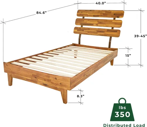 Vista 2 de Bme Caden - Base de cama de 15 pulgadas con cabecera ajustable, estilo retro de mediados de siglo, con madera de acacia, no necesita somier, 12