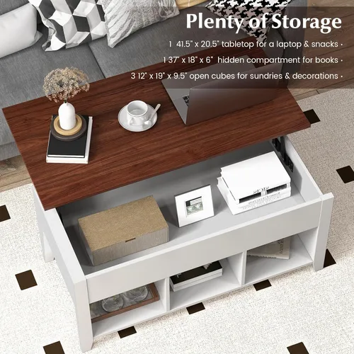 Vista 6 de Tangkula Mesa de centro de madera con tapa elevable, almacenamiento de té moderno con compartimento oculto y estante de almacenamiento abierto