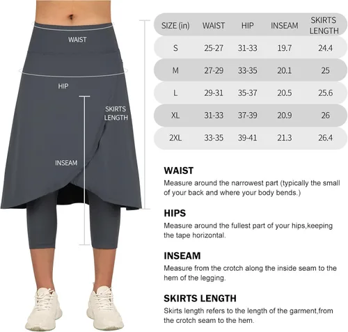 Vista 6 de ANIVIVO Falda de 24 pulgadas hasta la rodilla para mujer con leggings capri, leggings largos deportivos casuales con falda con bolsillos