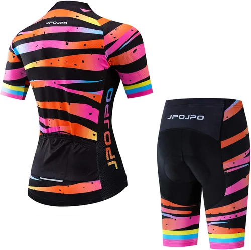 Vista 55 de Camiseta de ciclismo para mujer, manga corta y pantalones cortos de ciclismo acolchados para verano