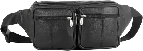 Vista 9 de Riñonera de piel auténtica, bolsa de cintura, organizador con cinturón ajustable, múltiples bolsillos para hombres y mujeres, Negro-878 Grande, L