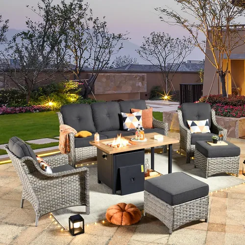 Vista 52 de HOOOWOOO Sofá de patio de 3 plazas de mimbre para exteriores, resistente a todo tipo de clima, con respaldo alto, muebles a juego (beige y bronceado)