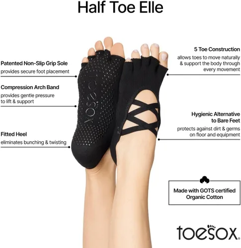 Vista 3 de Toesox Elle - Calcetines de medio dedo con agarre antideslizante Suela antideslizante para yoga, pilates, gimnasio - Calcetines de mujer con dedos