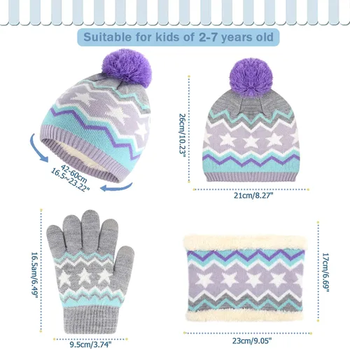 Vista 2 de Conjunto de gorro de invierno para niños y niñas de 2 a 7 años, gorro con pompón, forro polar