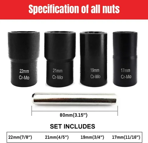 Vista 2 de Juego de 5 piezas de llaves giratorias de 1/2 pulgada, kit de herramientas extractoras de tuercas y pernos de 6 puntos, herramienta de extracción