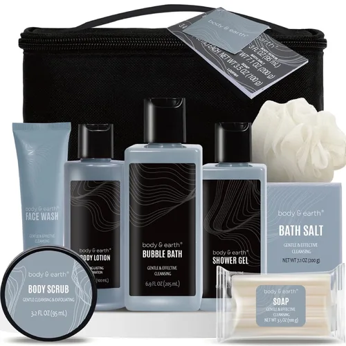 Vista 9 de Body & Earth Cestas de regalo para hombres, juego de baño con aroma cítrico para baño y cuerpo con loción corporal, gel de ducha, baño de burbujas