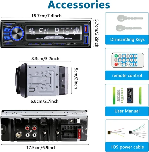 Vista 9 de Radio de coche Bluetooth Single DIN Audio estéreo para automóvil, audio para automóvil con manos libres y control de aplicación, compatible con FM