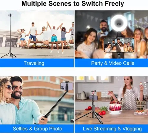 Vista 7 de Palo selfie de 72 pulgadas, trípode todo en 1, kit de video con control remoto inalámbrico integrado, portátil, ligero, trípode extensible para Negro