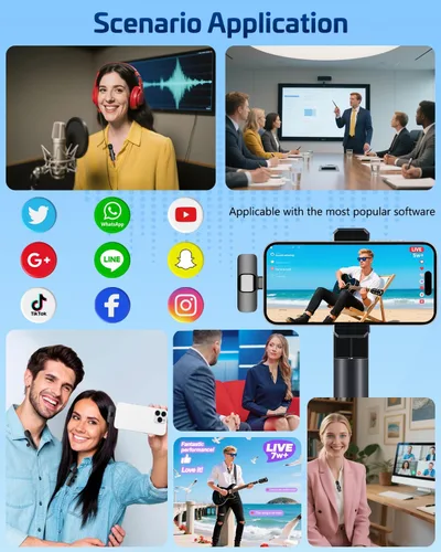 Vista 7 de Micrófono de solapa inalámbrico Lavalier para iPhone - Mini micrófono Bluetooth con reverberación, micrófono portátil con clip para grabación