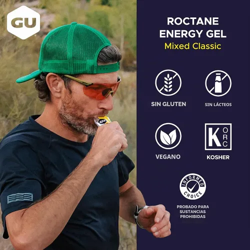Vista 3 de GU Energy Roctane Ultra Endurance Gel Energizante, Vegano, Sin Gluten, Kosher y Sin Lácteos, Nutrición Deportiva Para Correr, Andar en Bicicleta