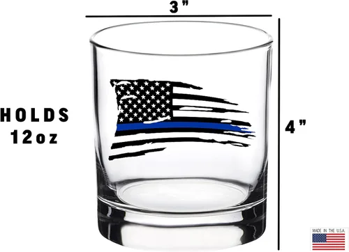 Vista 3 de Rogue River Tactical Tattered Thin Blue Line Old Fashioned Whisky Glass Beber Taza Regalo Para Policía Oficial De Policía