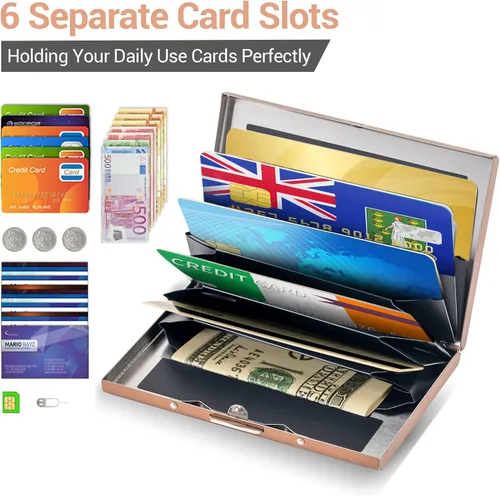 Vista 82 de BONSYL® Soporte para tarjetas de crédito, cartera delgada de metal con bloqueo RFID, con 6 ranuras para tarjetas, para mujeres y hombres.