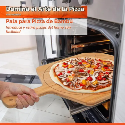 Vista 3 de Pizarra de madera de 12 pulgadas con tamaños grabados, tabla de cortar de pizza de bambú multiusos, cáscara de pizza de madera, espátula de pizza