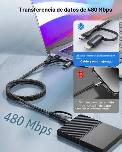 Vista 3 de Cable de carga 4 en 1, adaptador USB C Lightning USB C a USB C 60W PD [carga rápida y sincronización de datos] Cargador múltiple 4 en 1 para iPhone