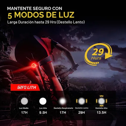Vista 3 de Luz trasera de bicicleta recargable USB tipo C, ultra brillante IPX6, impermeable, linterna de seguridad para ciclismo, 5 modos de luz, accesorios