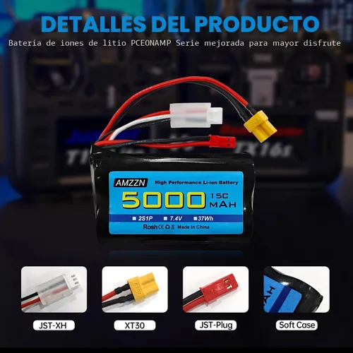 Vista 6 de Batería de iones de litio de 7.4V 5000mAh 2S con enchufe JST y enchufe XT30 con cable de carga USB para control remoto TX16S, TX18S, RC4GS, RC6GS