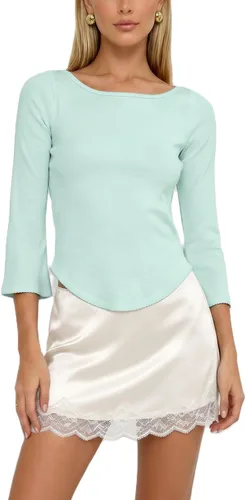 Vista 7 de Camiseta de manga 3/4 para mujer, cuello barco, ajuste delgado, manga de A Blanco