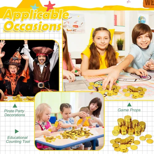 Vista 5 de Hanaive 600 monedas de oro pirata, monedas de juguete de tesoro de plástico, monedas falsas de San Patricio, doblón para regalos de fiesta pirata