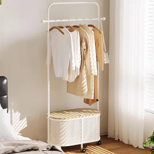 Vista 11 de Perchero giratorio de 360°, perchero de metal para ropa, con ruedas y cesta de almacenamiento de gran capacidad, perchero para colgar ropa