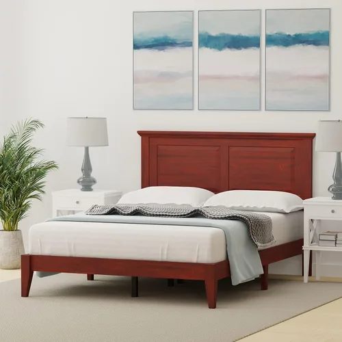 Vista 3 de Cama de plataforma de madera maciza estilo cabaña en tamaño matrimonial - Cereza clásica
