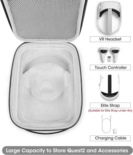 Vista 2 de Funda de transporte para Oculus Quest 2, funda rígida de viaje para accesorios Meta Quest 2, se adapta a correa Elite oficial, auriculares VR