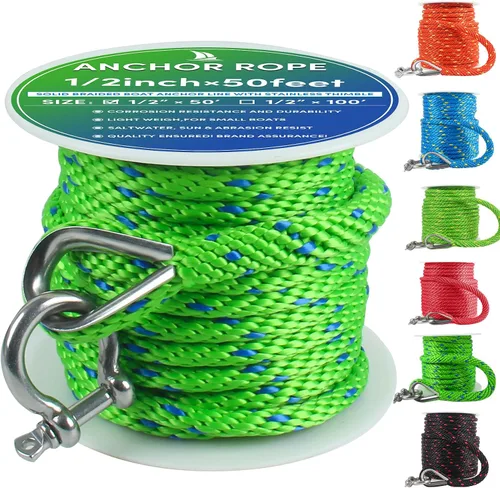 Vista 22 de Cuerda de anclaje premium de 50 pies x 1/2 pulgadas, línea de anclaje trenzada sólida MFP para barco con dedal y grillete - Negro