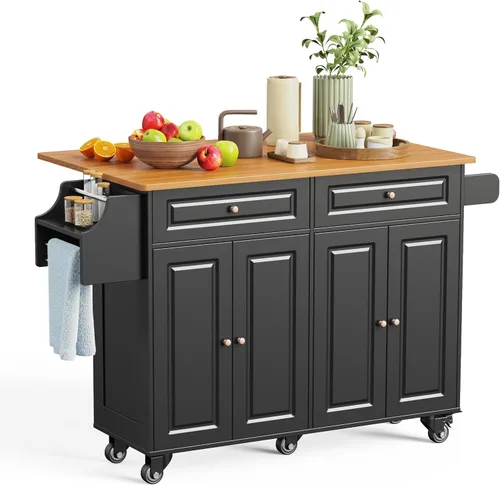 Vista 11 de Aiho Carrito de isla de cocina con almacenamiento, carritos móviles de 52 pulgadas con mesa de cocina rodante con toallero, estante de especias