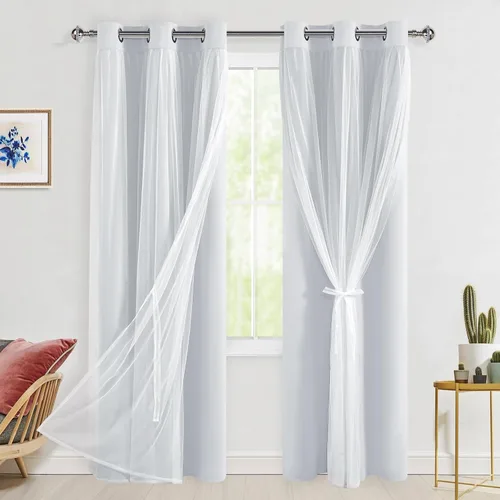 Vista 29 de Hiasan Cortinas opacas con superposición transparente, aislamiento térmico para mezclar y combinar de doble capa, cortinas de oscurecimiento de Beige