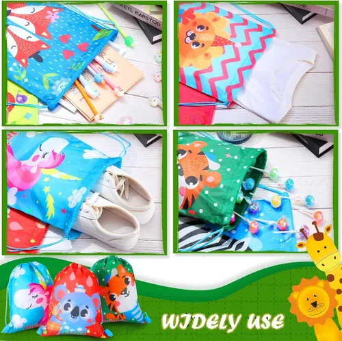 Vista 6 de Shappy Paquete de 12 bolsas de recuerdos de fiesta de animales de dibujos animados, bolsa de regalo de animales de safari, mochila con cordón